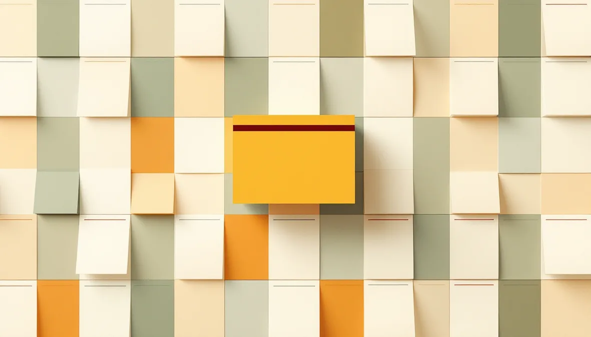 A grid of article cards with one amber card set forward from the rest