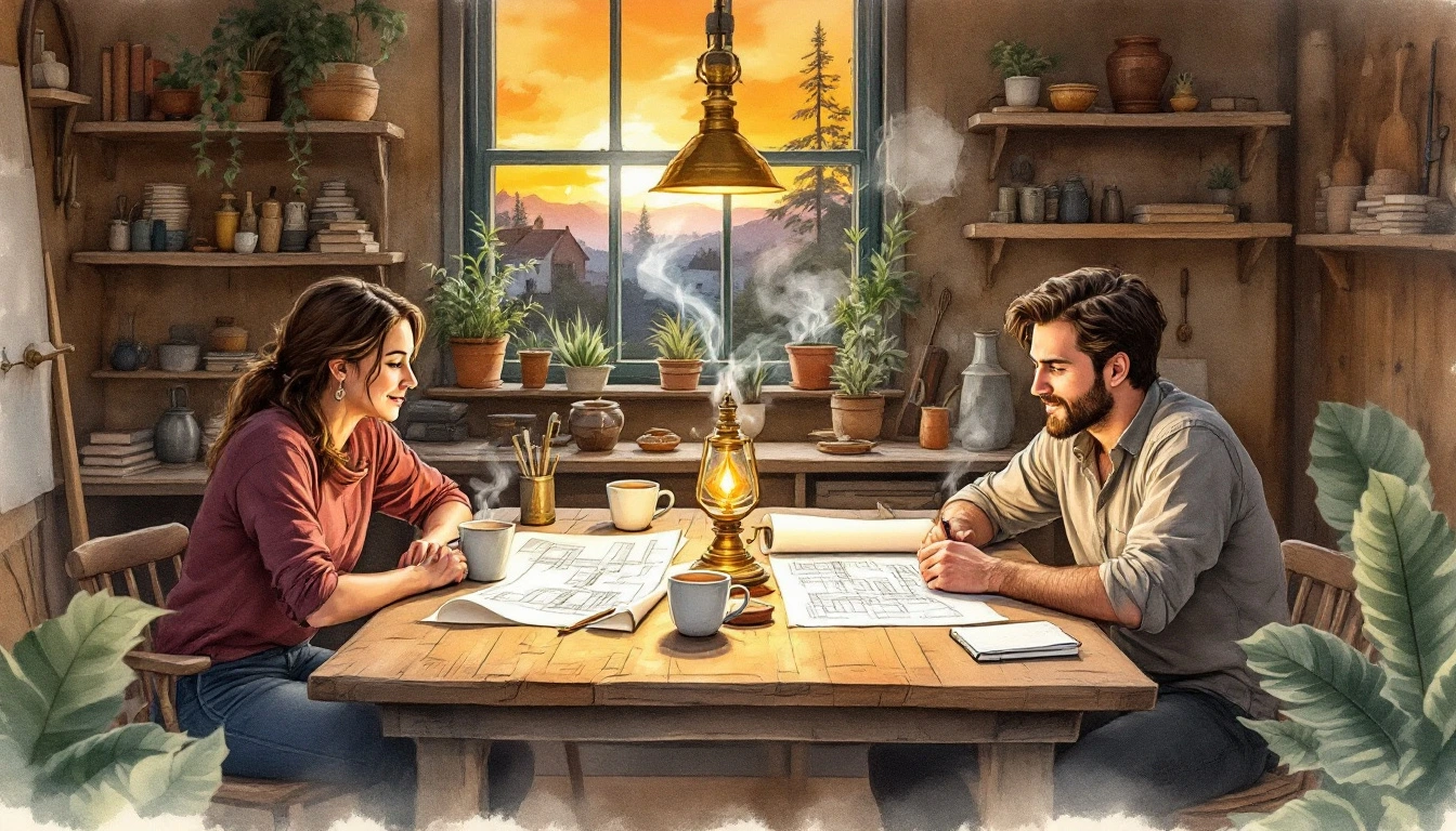 Two neighbours at a working table with a plan, a brass lamp and mugs of tea; a warm evening outside the window. A neighbourly meeting, not a deal.