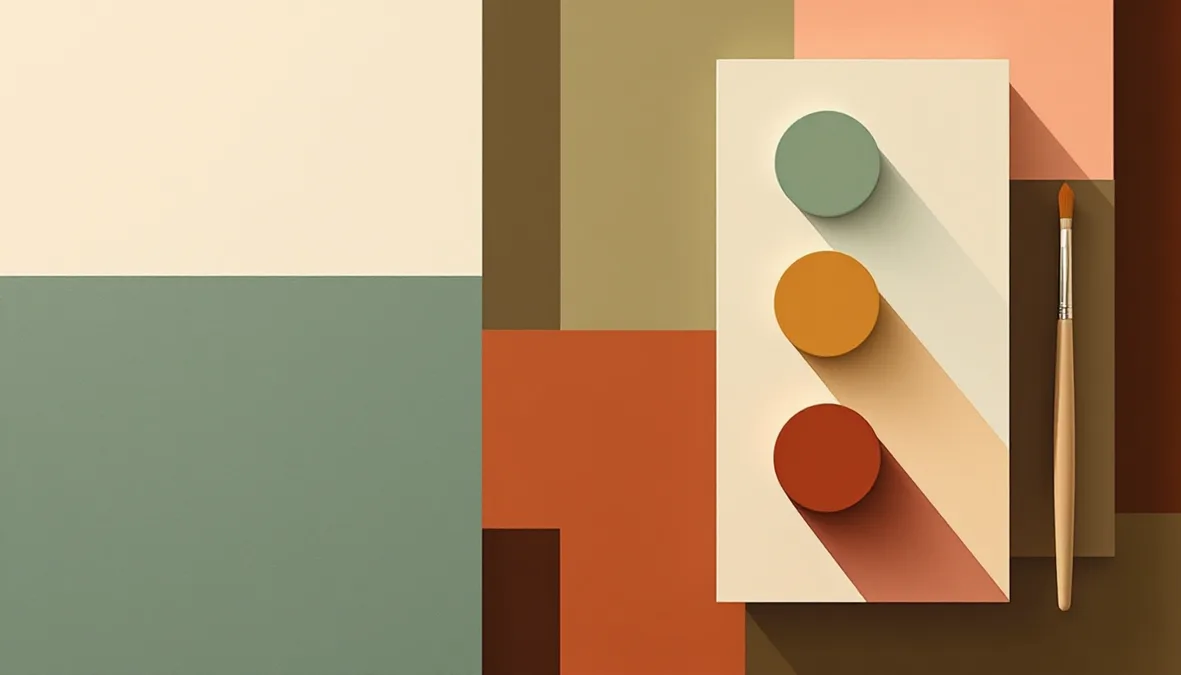A palette with three dots — bordeaux, amber, sage — and a brush laid diagonally