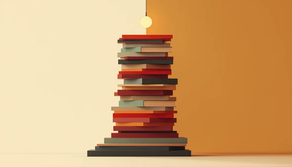 A layered shaft of documents and a single amber dot on a hanging line, like a lantern