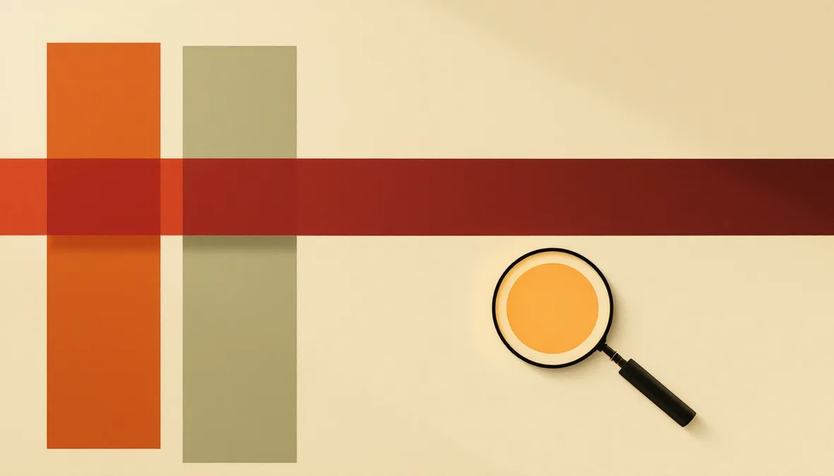 Three vertical columns crossed by a horizontal bordeaux line, with a magnifying glass and an amber dot on the right