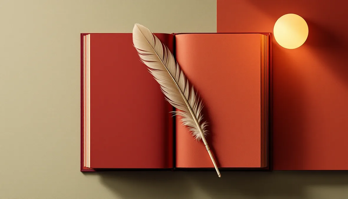 Two book spreads with a quill pen and an amber lamp in the corner